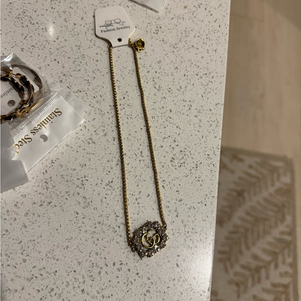 Gold Chain Necklace with Double G Crystal Pendant